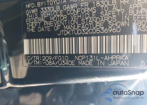 2012 Toyota Yaris Le z USA, uszkodzony, nr VIN JTDKTUD32CD536960